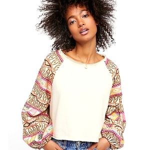 Free People Gone Global Embroidered Crop Sweatshirt Size Small